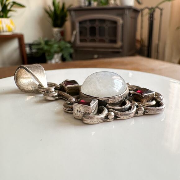 Sterling Silver Moonstone Garnet Pendant Vtg Boho Hippie 90s Multi Gemstone - Picture 5 of 13